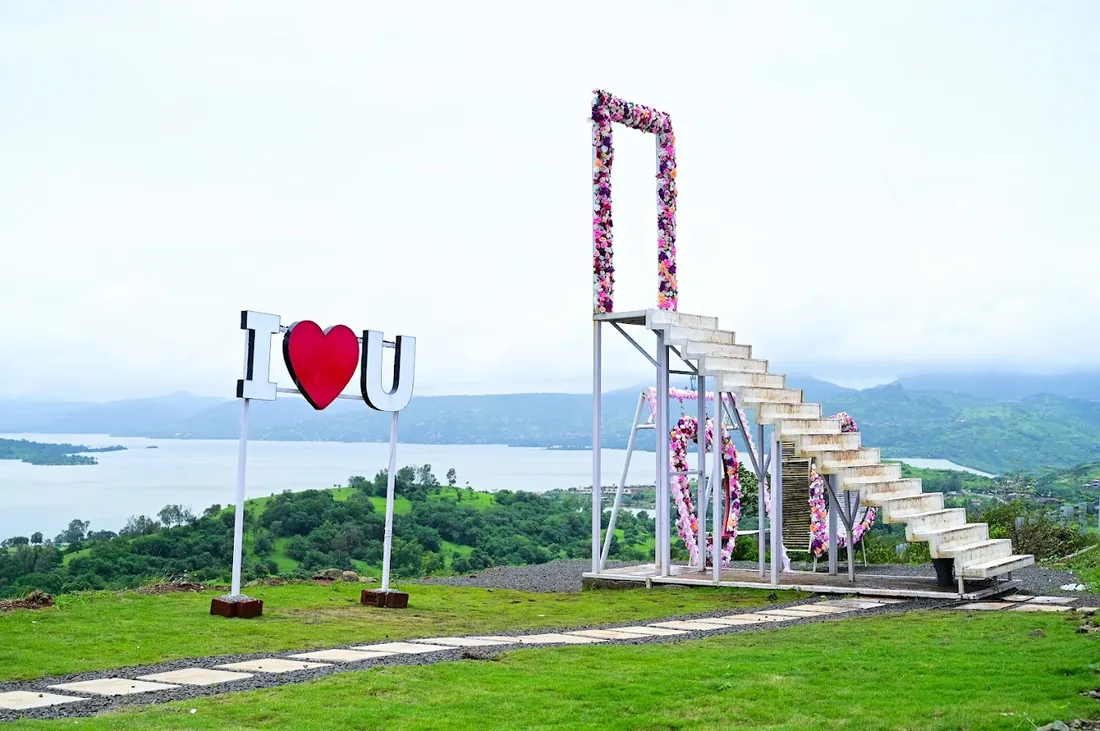 I love you photo booth setup overlooking Pawna Lake at The Oven Lakeside